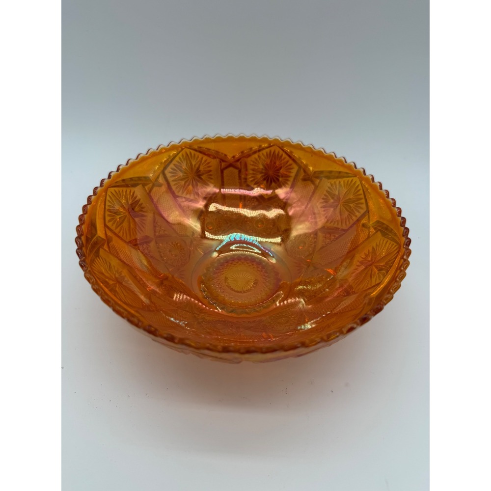 Vintage Marigold Carnival Glass Bowl Iridescent Starburst Sawtooth Rim 7.25"